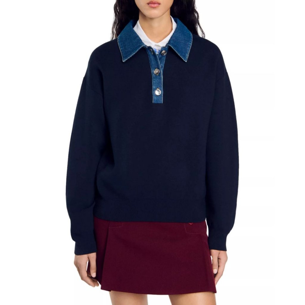 Sandro Damien Sweater Navy Size 2 / Us 6 Denim Collar